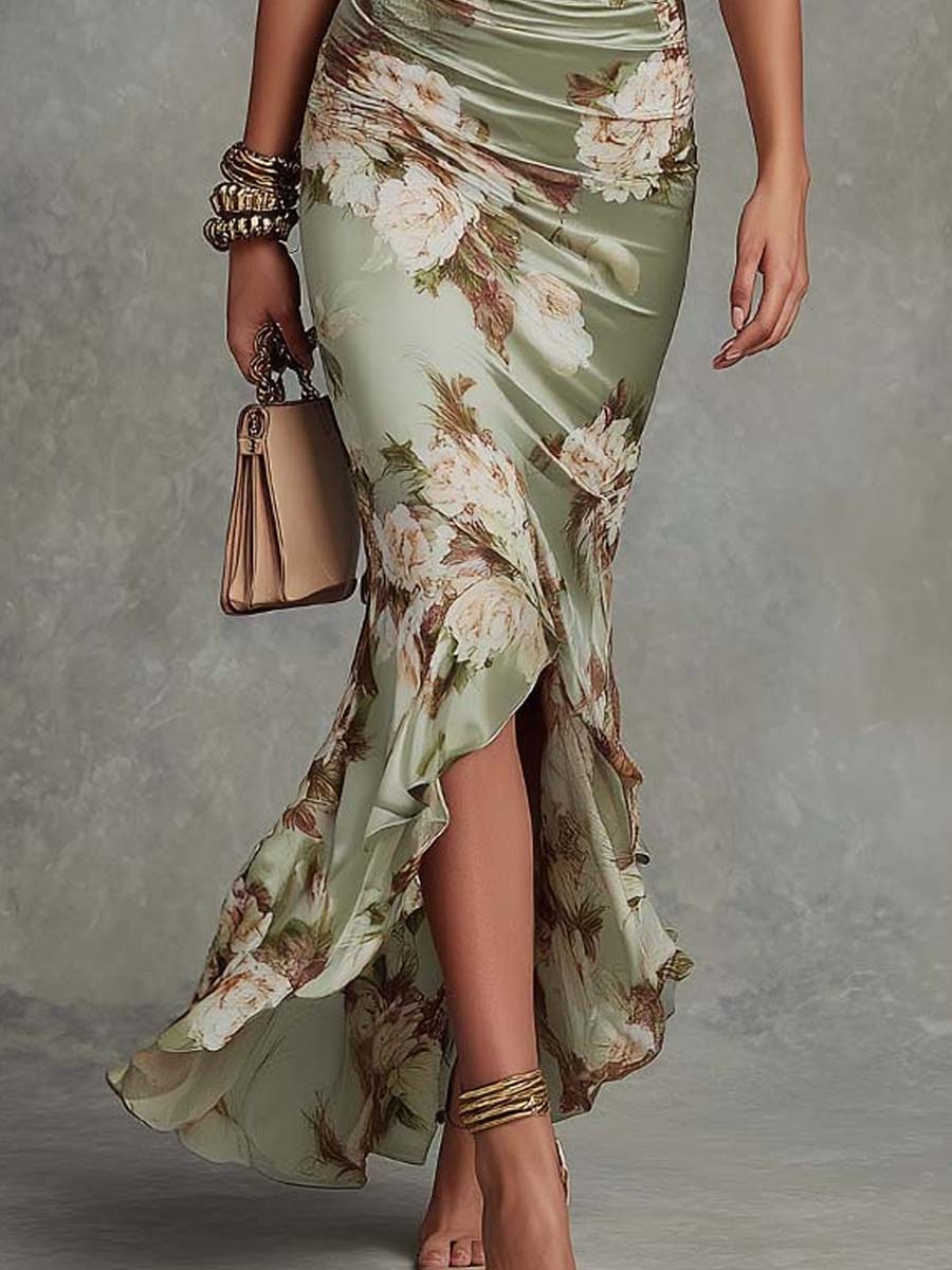 Anastasia | Rochie lungă din satin cu imprimeu floral